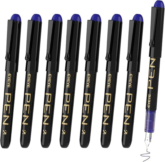 EYEYE Fountain Pens for Writing, 8 Pack Blue Fine Point Pens Disposable Fountain Pens Stainless Steel Nib, Smooth Writing for Journaling, Drafting, Sketching, Doodling & Office Supplies