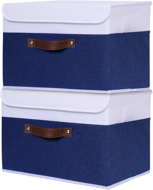 ANMINY 2PCS Storage Boxes with Lids Washable Decorative Storage Bins Basket with PU Leather Handle Foldable Linen Fabric Storage Cubes Containers for Home Closet Organizer - Deep Blue White, Medium