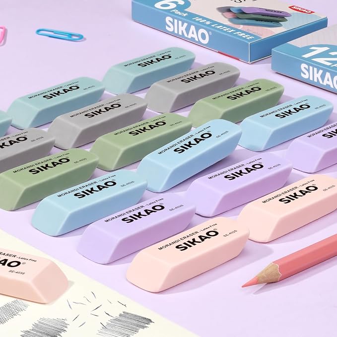 Morandi Erasers, 6 Pack Pencil Erasers | Aesthetic Pastel Beveled Rubber Erasers, Latex-Free & Smudge-Free for School Supplies, Classroom & Daily Writing