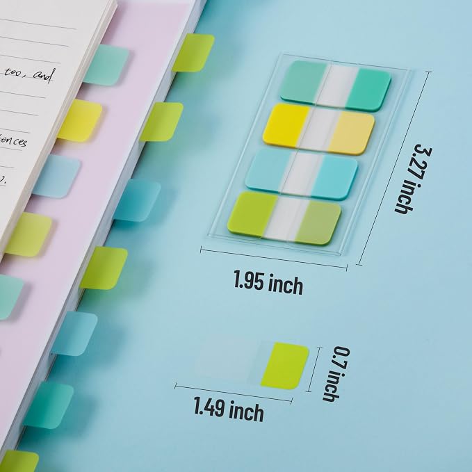 Golcellia 480 Pieces Sticky Index Tabs Transparent Sticky Notes, Colored Page Markers for Bookmarks, Writable and Repositionable Index Annotation Tabs(Teal,Blue,Yellow,Green)