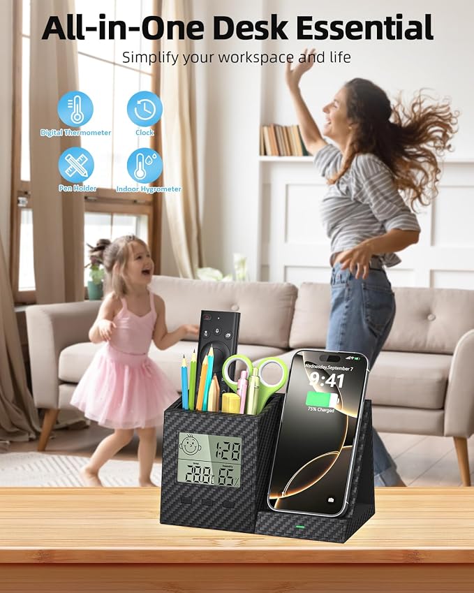 Desk Organizer with Wireless Charger, Digital Clock, Thermometer & Hygrometer - Multi-Functional Pencil Holder, Office Desk Accessories Storage Caddy for Home, Office, Men, Women (Battery Included)