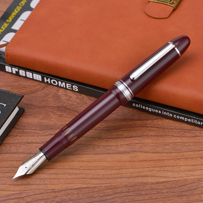 Yongsheng Junlai 930 Acrylic Fountain Pen, Size 9 Broad Nib with Piston Filling System, Wine Red Fence Ink Tank with Torpedo Shape Design Large Hand Pen (Silver Trim)