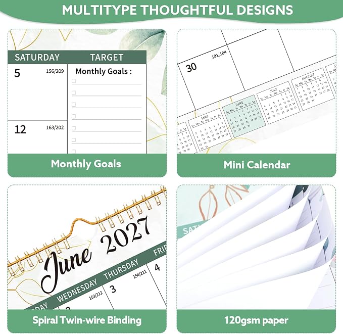 2026-2027 Wall Calendar, 14.5" x 11.8" 18 Month Green Leaves | July 2026-December 2027 120Gsm FSC-Certified Paper Monthly Calendar, Twin-Wire Binding, Ruled Blocks, Holiday Reference