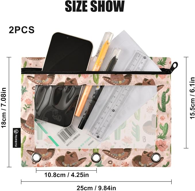 Binder Pencil Pouches Cowboy Hat and Cactus Pen Case | Clear Window 3 Rings, Cosmetic Bags School Office Supplies Cosmetic Makeup Bag 2 Psc