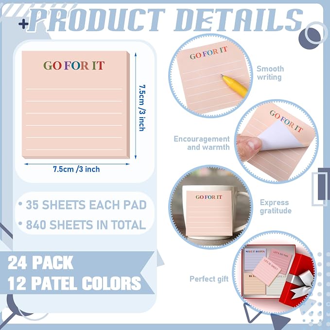 Yinder 24 Pcs Inspirational Sticky Notes, Back to School Supplies, Cute Motivational Sticky Notes Pad Employee Appreciation Gifts Bulk for Teacher Coworker Office 3 x 3'' (Motivational,Aesthetics)