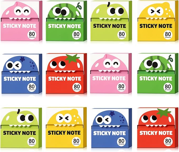 12 Boxes of Transparent Pull Out Sticky Notes (960 Sheets Total), Cute Fruit Monster Pop Up Sticky Notes, Office Stationery Work Accessories with Strong Adhesion Suitable for Office Work