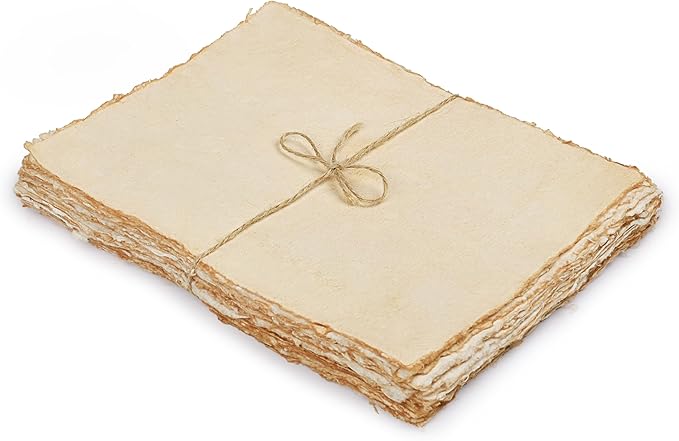 LEATHER VILLAGE Vintage Deckled Edge Watercolor Paper 25 Sheets 4x6 Inches | Handmade cotton rag paper with antique old look, 150 GSM thick for calligraphy, letter writing, invitations and ink art