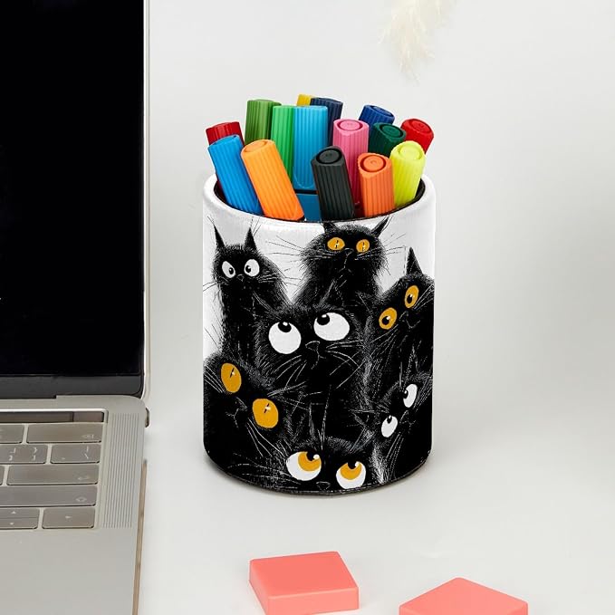 Black Cats Leather Pen Holder for Desk, Multifunctional Desktop Organizer Pencil Cup, Desktop Caddy Stationery Organizer for School Home Office Desk Accessories