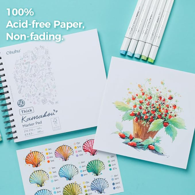 Ohuhu 8.3"x8.3" Double-Sided Bleedproof Marker Pad Art Sketchbook 50 Sheets | Square Sketch Book - 160 LB/280 GSM Smooth Drawing Paper - 50 Sheets/100 Pages - Spiral-Bound Sketch Pad for Alcohol Markers