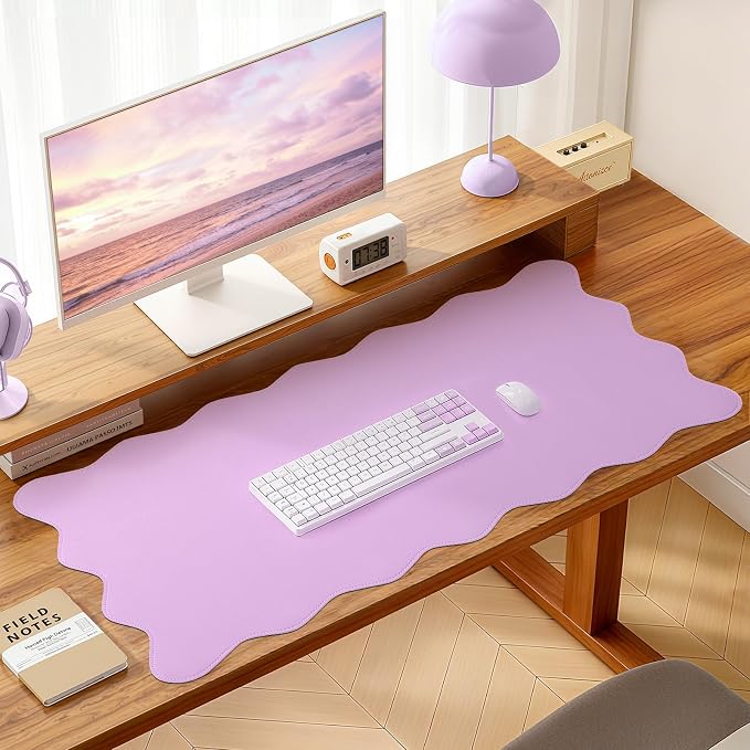 PU Leather Desk Pad, Scalloped Non-Slip Mouse Pad & Large Desk Mat Cover Stitched Edges Writing Pad for Office, Home - Waterproof, Easy to Clean, Durable Surface I 31.4"x15.7", Bonbon Pink