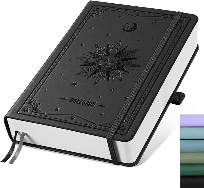 EMSHOI Graph Grid Journal Notebook, 320 Pages, A5 Size (5.7'' x 8.3'') | Leather Hardcover, 100 GSM Thick Paper, for School, Note Taking, Math, Engineering, Sun Debossed (Black)