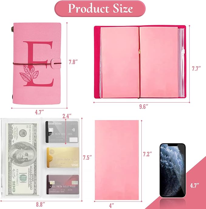 Personalized Journal Gift-Pink Initial Leather Journal+Heart Diamond Pen Set,Travel Notebook Diary Gifts,Refillable Notepads,Christmas,Birthday Gifts for Women Girls (7.9"x4.7") (E)