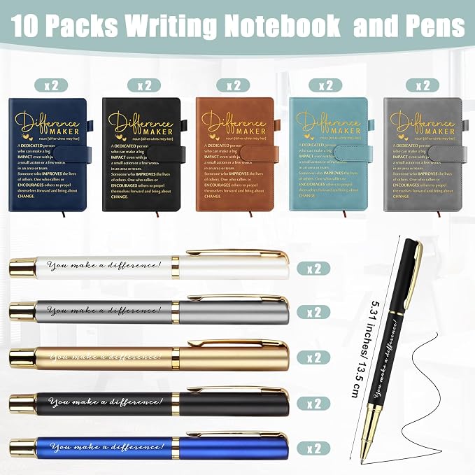 Kosiz 20 Pcs/10 Sets Employee Appreciation Gift Bulk A5 Leather Notebook Inspirational Journal Pen Thank You Gift for Men Women Coworker Teacher Office Back to School(Multicolor,Difference Maker)