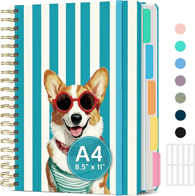 Large Lined Spiral Journal for Women Cute Hardcover 5 Subject Notebook for Work 8.5" x 11" with Removable Dividers & Tabs, College Ruled, 280 Pages Aesthetic Journal for Work, School & Note Taking, Sunny Barker