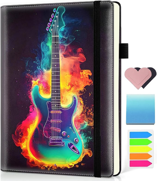 Hardcover Executive Notebooks, A5 PU Leather Lined Journal Notebook, 200 Pages Thick Paper Subject Notebooks for School,Work,Home Writing Business Notebook, Diary Book ，Guitar Colorful Music