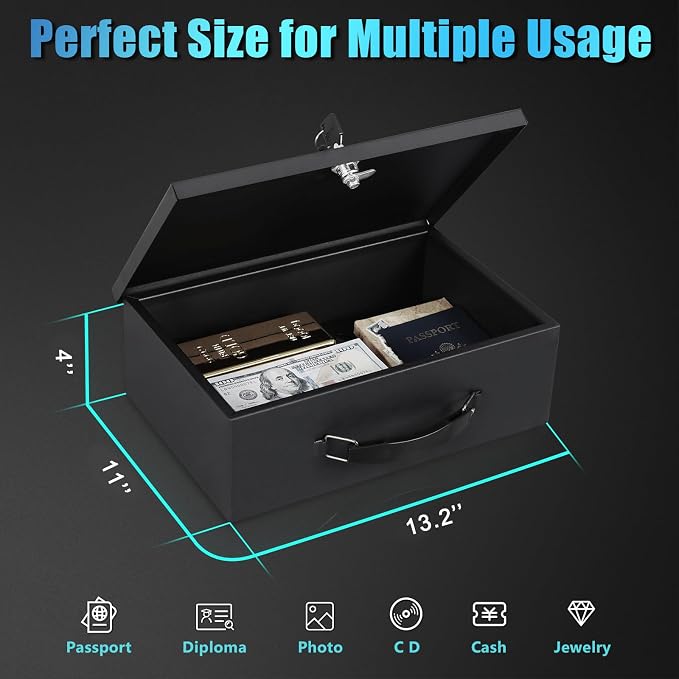 xydled Fire Resistant Safe Fire Safe Box with Key Lock for Home Office Security Storage for Valuables Documents,13.2 x 11 x 4 Inch,Black | For Home Office Security, For Valuables Documents