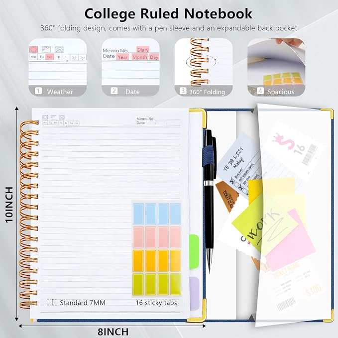 Hardcover Spiral Notebook College Ruled, Leather Journal Notebook with Magnetic Closure, 300 Pages 5 Subject Notebook with Dividers Tabs Journal for Women Men, Work, School (Dark Blue)