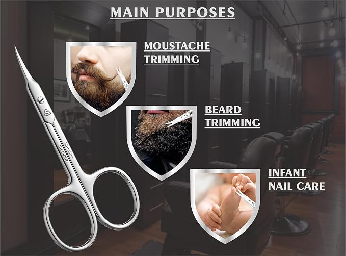 SILLVER Cuticle Scissors Curved Blade - Extra Fine Pointed Tip Professional Manicure Grooming Scissors for Cuticles, Beard, Nose Hair, Eyelash, Mustache - Eyebrow Scissors