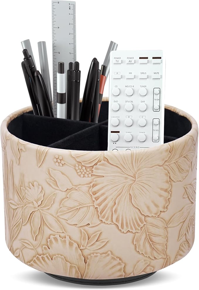 Round Leather Art Supply Organizer,Remote Control Holder,360 Degree Spinning,Multi-Functional Pencil Holder,4 Compartments Desktop Stationary Organizer(1-Carved Light Brown)