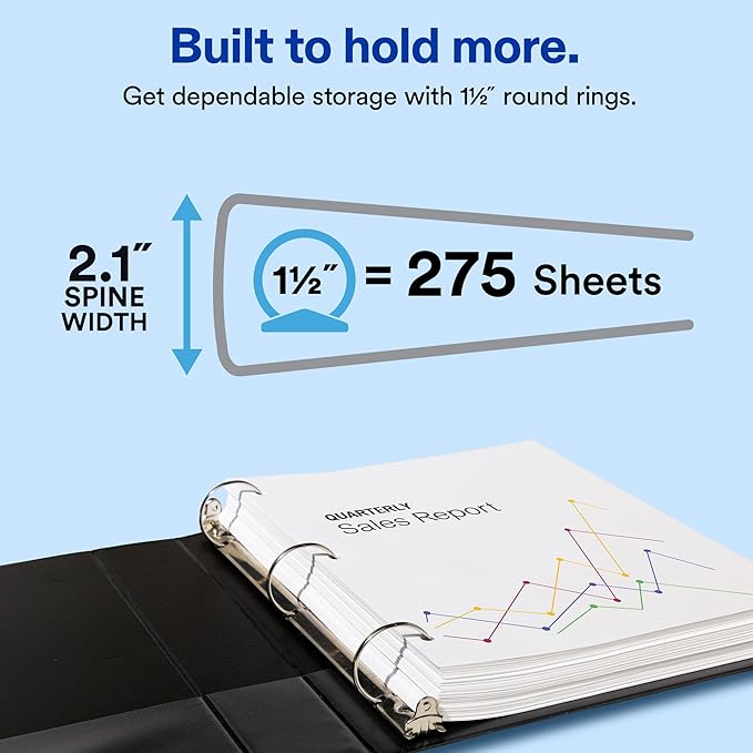 Avery Standard View 3 Ring Binders, 1.5" Round Rings, 275-Sheet Capacity, 2.1 Inch Wide Spine, White Binders, Ideal for Lightweight Organization and Occasional Referencing (12-Pack of 05726)