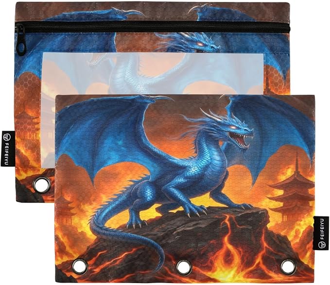 Gredecor 3 Ring Binder Pencil Pouch, Blue Dragon Glowing Eyes Zippered Pen Case Pouches with Clear Window, 2 Pack Stylish Office & School Supplie