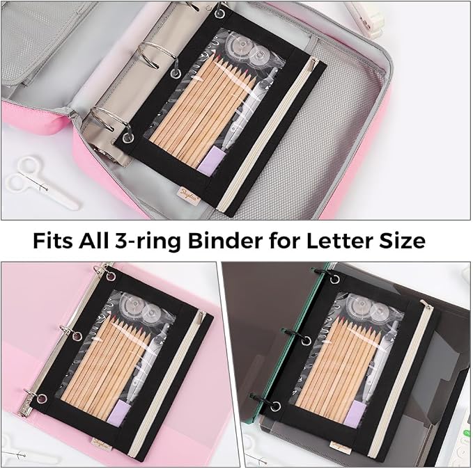 SKYDUE Pencil Pouch for 3 Ring Binder, Zipper Pencil Pouches for Girls Boys, Clear Window Pencil Bag, 3 Ring Pencil Pouch Case for Binder, Durable Organizer for School Supplies