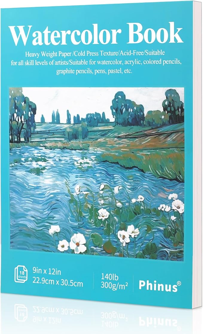 Phinus 18 Sheets Watercolor Paper 9x12 Inch, Cold Press Watercolor Sketchbook (140lb/300gsm), Tape Bound Watercolor Paper Pad for Adults Kids, Mixed Media, Markers and Art Journaling