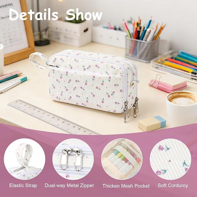 BuyCard Big Capacity Pencil Case, Corduroy Fabric, White with Purple Floral Pattern, Pencil Bag with Zipper Closure, Graduation Gift Office Stationery Storage Pen Pouch