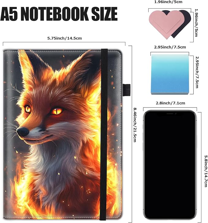 Hardcover Executive Notebooks, A5 PU Leather Lined Journal Notebook, 200 Pages Thick Paper Subject Notebooks for School,Work,Home Writing Business Notebook, Diary Book ，Fire Fox