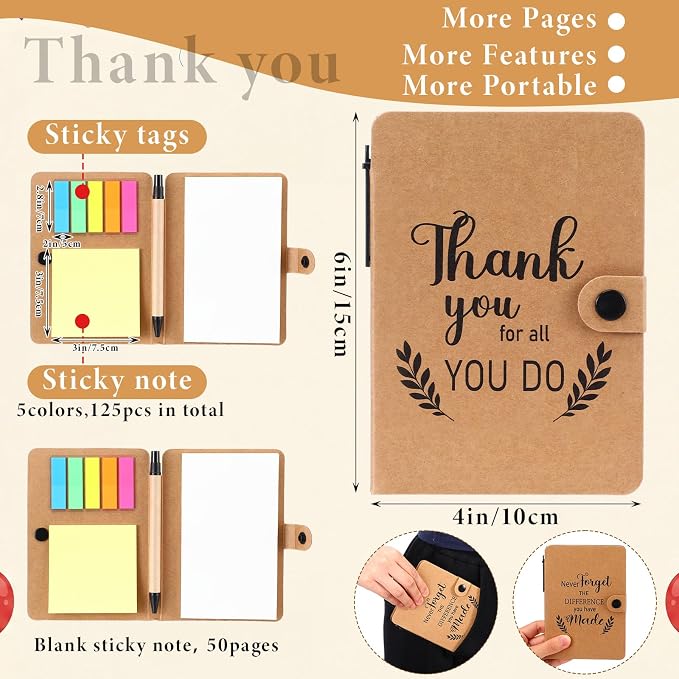 Resurhang 12 Pack Appreciation Gifts Bulk Inspirational Spiral Notebook with Sticky Note Pen, Note Pads Motivational Journals Thank You Gifts for Employee Volunteer Teacher Nurse Team (Text)