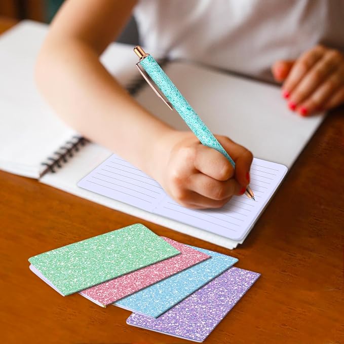 Sayglossy 16 Pack Glitter Pens and Notepads Set 8 Mini Glitter Pocket Notebooks 8 Fancy Sparkly Ballpoint Pens Stationery Gifts for Women Teacher Journaling School Office Supplies (Pastel Color)