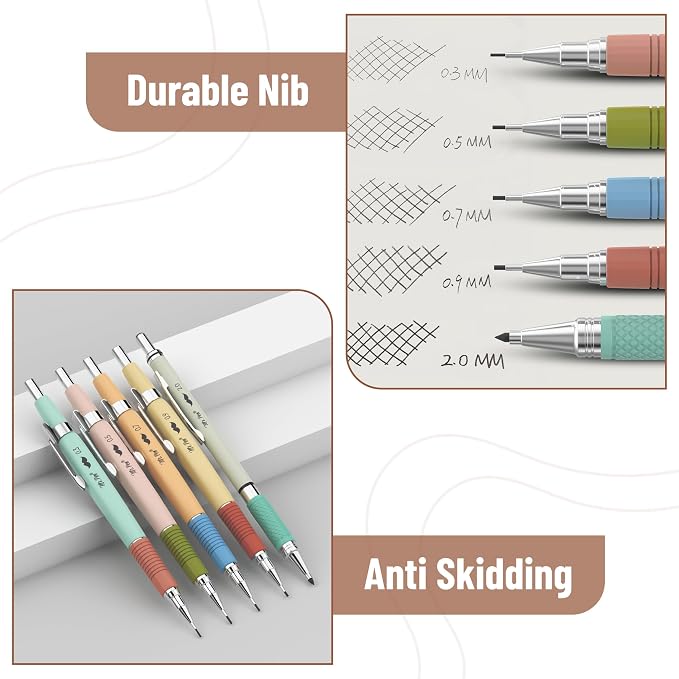 Mr. Pen- Art Mechanical Pencil Set, 5 Metal Mechanical Pencils (0.3, 0.5 | 0.7, 0.9, 2.0mm), 5 HB Lead Refills & 10 Eraser Refills, Precision Drawing Pencils for Sketching, Writing & Technical Artwork
