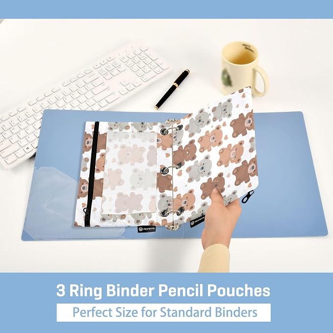 Cute Teddy Bears Pencil Pouch for 3 Ring Binder 2 Pack Zipper Binder Pencil Bag Case with Clear Window Office School Supplies
