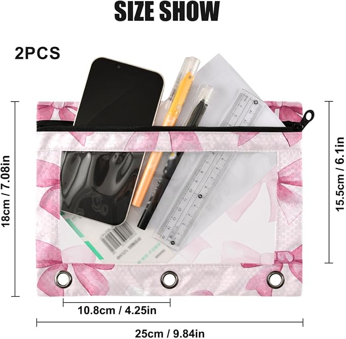Pink Bows Pencil Pouch Fits standard 3-ring binders, Zipper Binder Pencil Bag with Clear Window for Office 2 Pack