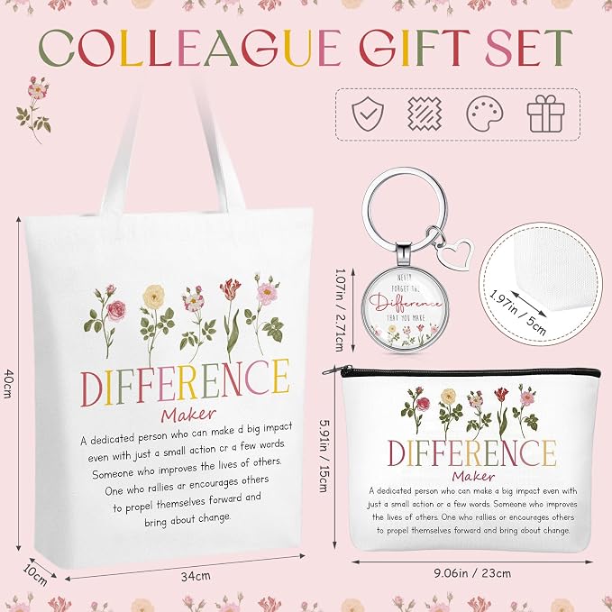 Watersay 5 Pcs Difference Maker Gifts, Cosmetic Bag, Canvas Bag, Coil Notebook, Ballpoint Pen and Keychain for Women Office School Graduation Advocate Coworker Christmas Anniversaries Gift