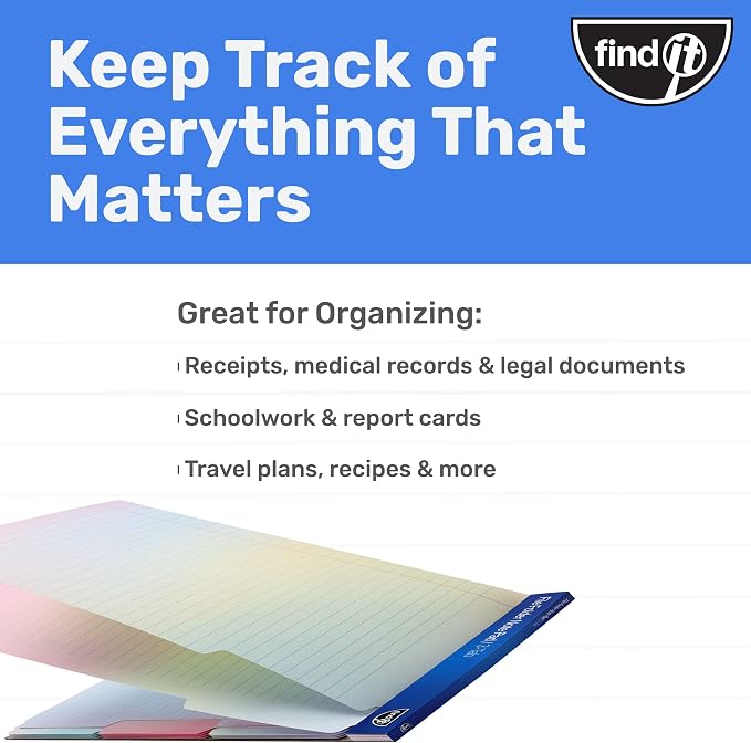 Find It File Folder Notepad, 72-Ct 3rd-Cut Tab Organizer Folders, Rainbow | Wide-ruled clipboard-style pages, front and back ruled, perforated tear-out sheets, office and school filing organization