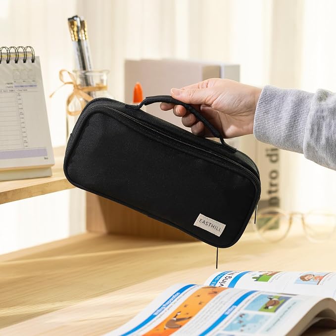 EASTHILL Large Capacity Pencil Case Pen Pouch Organizer Canvas Pencil Bag with Handle School Supplies for Teen Girls-Black
