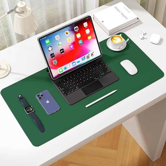 Leather Desk Pad Protector, Waterproof Mouse Pad, PU Desk Mat, Office Desk Cover, Desk Writing Mat for Office/Home/Work/Cubicle (Dark Green) 35.4x17 in