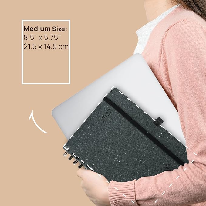 POPRUN 2027 Daily Planner One Page Per Day, Recycled Paper Planner with 5.75" x 8.5", Calendar Book with Italian Regenrated Leather Hard Cover, Hourly Time Slots, Spiral Bound, Monthly Tabs - Black Grey