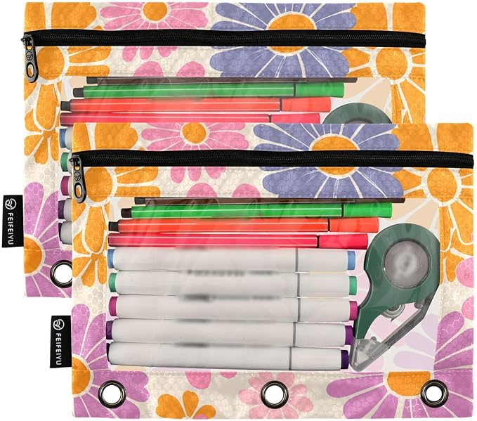 Gredecor Binder Pencil Pouch 3 Ring Hippie Retro Daisy Flowers Zipper Pencil Pouches Case 2 Pack Clear Binder Organizer for School Office