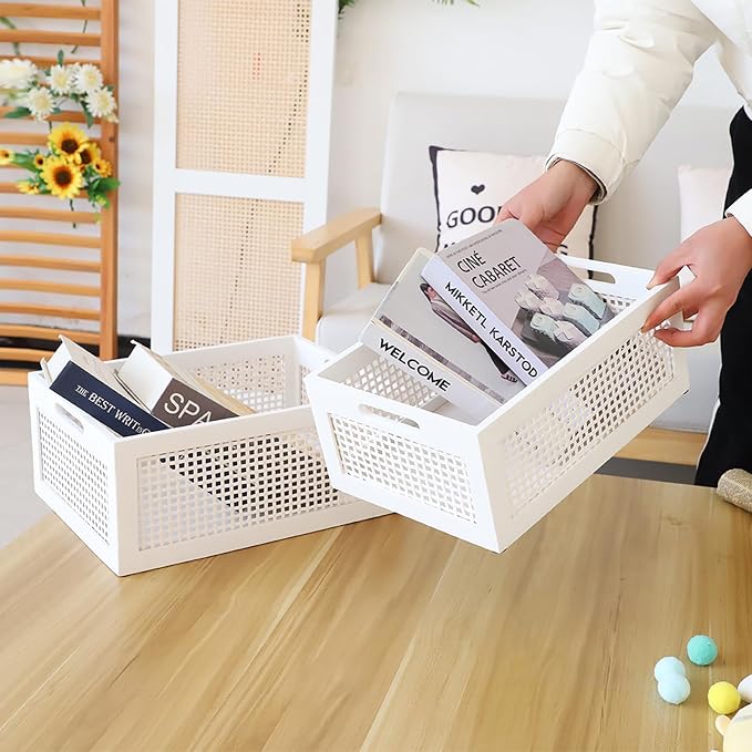 Desktop Storage Basket, Sundry Office Drawer Storage Box, Wood Frame Storage Basket. (White-Set2)