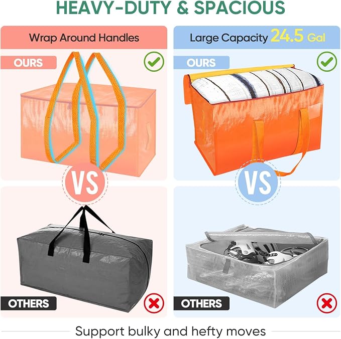 BALEINE 6-Pack Oversized Moving Bags with Reinforced Handles, Heavy-Duty Storage Tote for Clothes, Moving Supplies (Orange, 6-Pack)