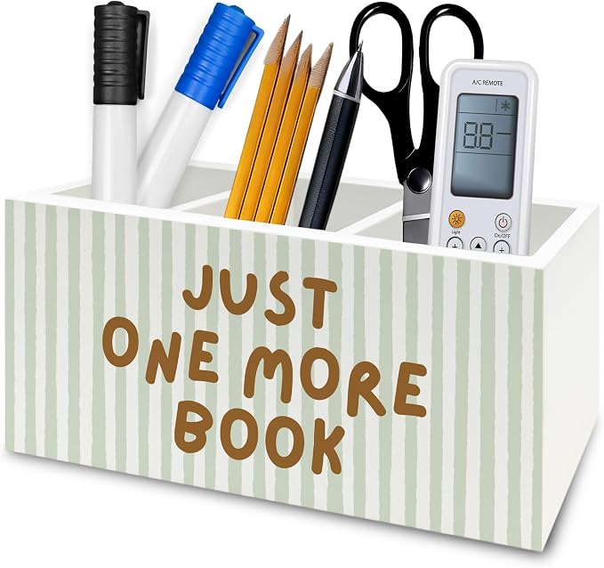 Book Lover Gifts Pen Pencil Holder Organizer for Desk, Just One More Book Bookish Wooden Box Signs Decorations for Reading Room Library Desk Tabletop, Bookworm Bookish Reader Gifts