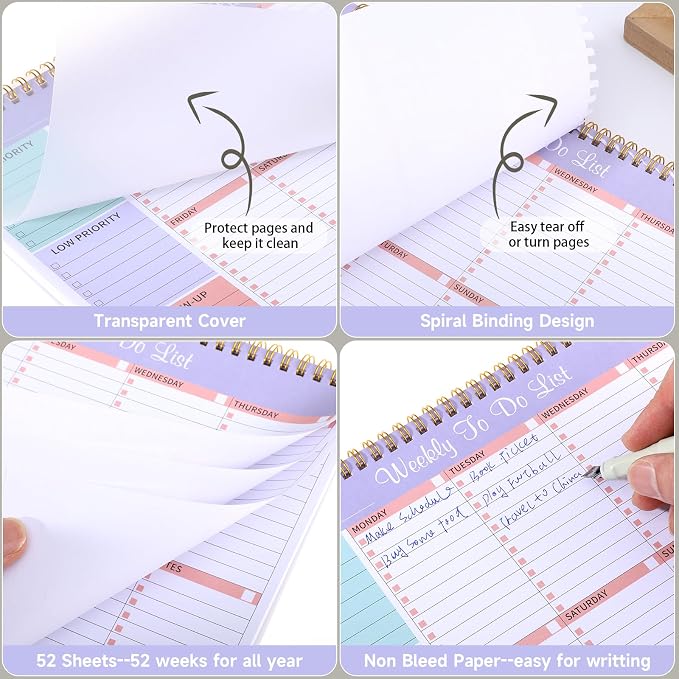 Weekly To Do List Notepad with 52 Undated Sheets, 8.5"×11" Weekly Desk Planner Undated Weekly Planner with Spiral Bound for Women & Man Home School and Work, Purple