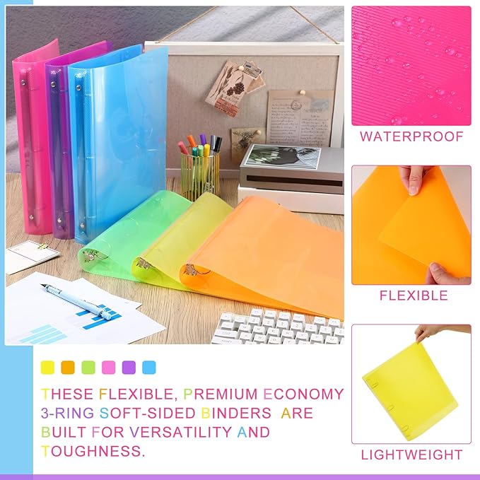 Fulmoon 6 Pack Plastic 3 Ring Binder Assorted Colors Economy Flexible Round Ring Presentation Binders with Pocket for Office School Meeting(2 Inch,Neon Colors)