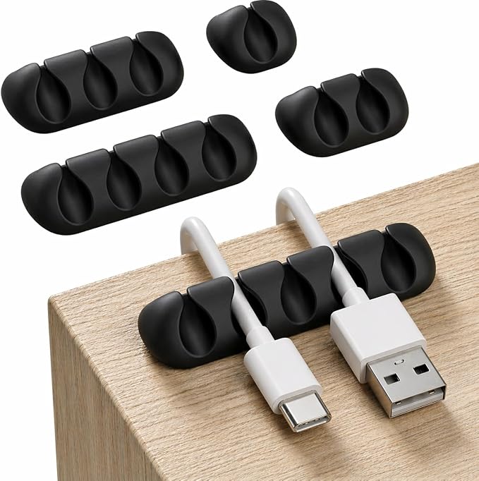 GLUIT Cord Organizer for Desk, Cable Holder for Nightstand, Charger Organizer, Adhesive Desktop Wire Clips, Multislot Cable Management, Table Organizer Accessories - 5 Pack, 15 Slots, Black