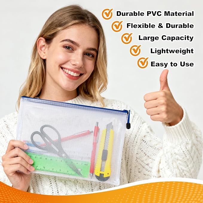 MAQIHAN Mesh Zipper Pouch Bags - A4 Clear Zipper Pouches, 13.2 x 9.4 Inch | Zipper Pouches for Organizing, Waterproof Letter Size File Bag for Puzzles, Board Games, Office Supplies, 5 Pack