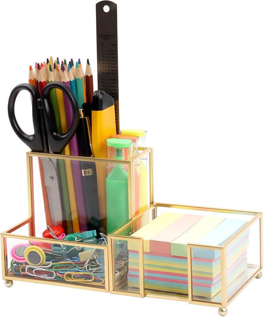 Desk Organizer with 3-Compartments,Glass Small Desk Organizer for Pens Pencils Business Cards Sticky Notes Paper Clips,Gold Stylish Pen Holder for Desk Home Office Decor