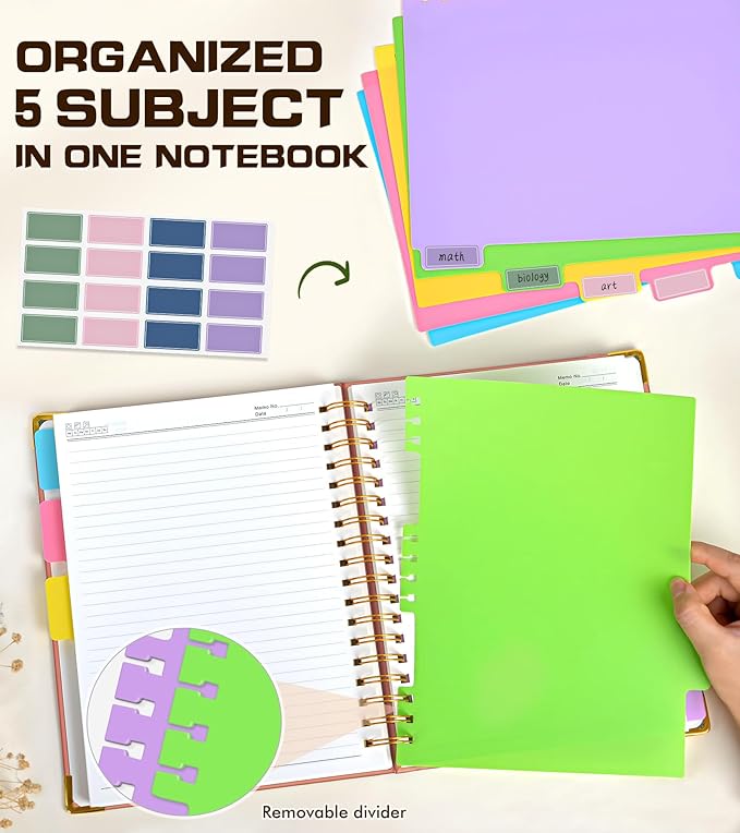 5 Subject Spiral Notebook Journal with Removable Dividers Tabs, 300 Pages Organizer Notebooks for Work School, A5 Hardcover Leather Notebook College Ruled, Lined Journal for Women Men，Pink