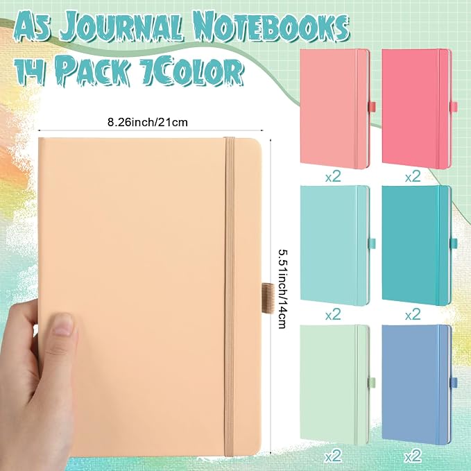 Laumoi 14 Pack Hardcover Journal Notebooks Bulk A5/A4/B5 Journaling Notebook Wide Ruled PU Leather Ruled Lined Journals with Pen Holder for School Business Work Writing (Rococo Color,A5)